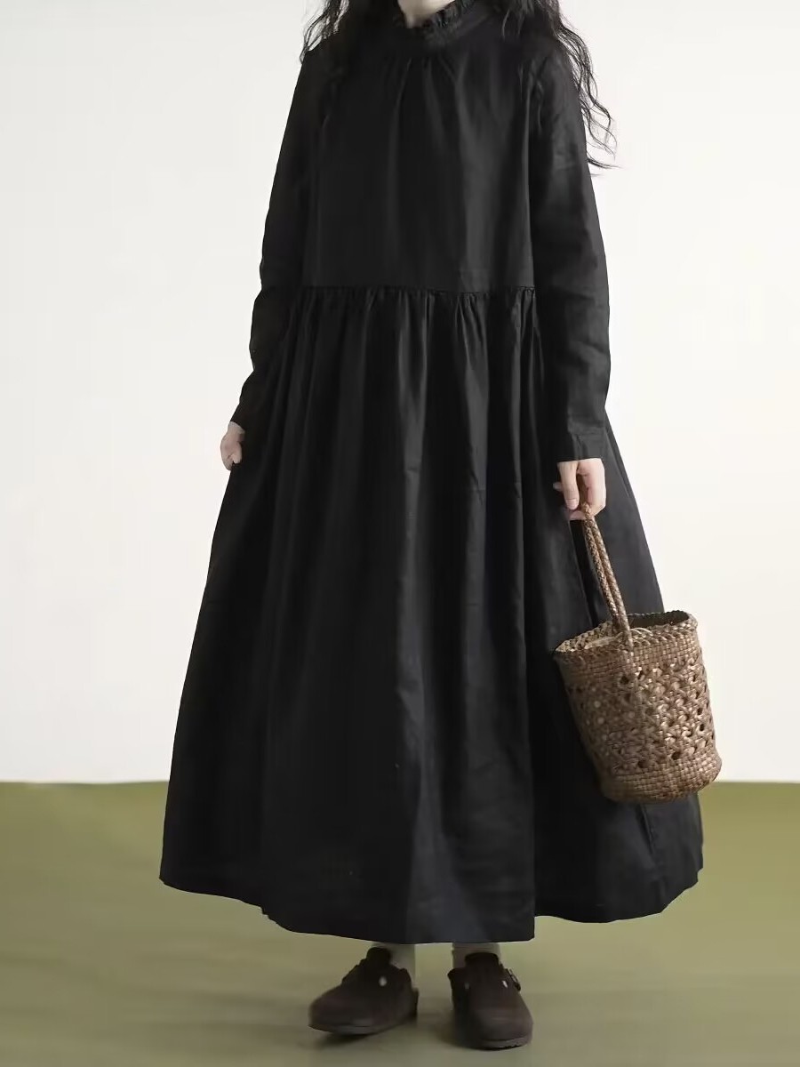 Casual Loose Linen Shirt Dress - Zwarte kanten kraag, lange mouwen, linnen