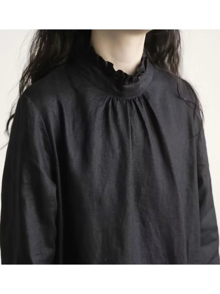 Zwarte kanten kraag, lange mou - Casual Loose Linen Shirt Dress recensie en prijs